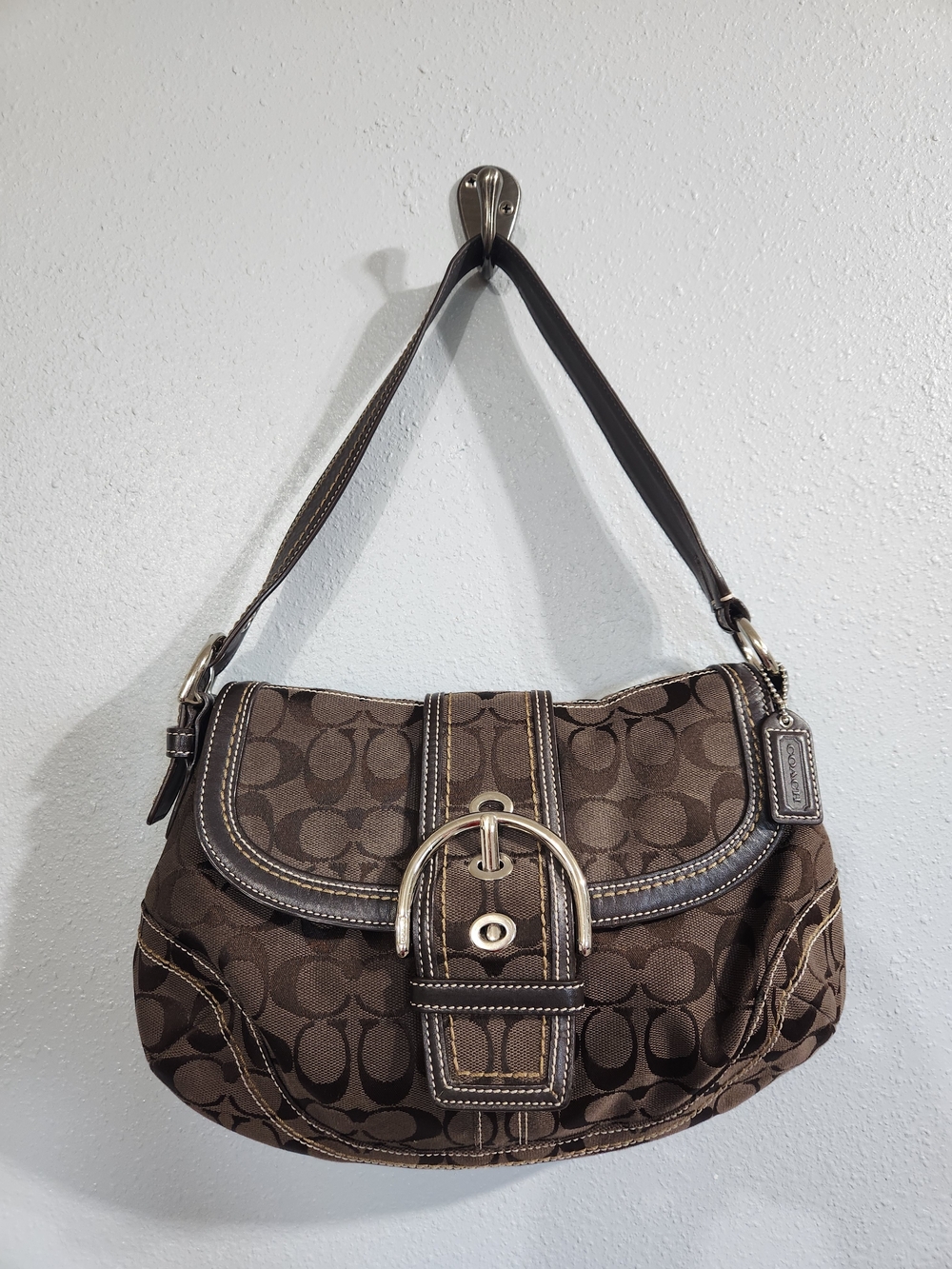 Coach Brown Soho Flap Hobo Brown Signature Canvas Shoulder Bag EUC 13x9